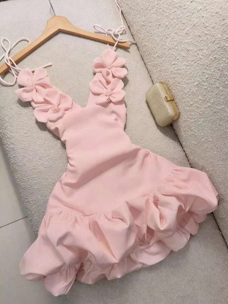 Sexy Women Floral Mini Dress Summer Spaghetti Strap Lace Up Ruffle Cake Sundress Spaghetti Straps Bohemian Dress Y2k Korean Robe