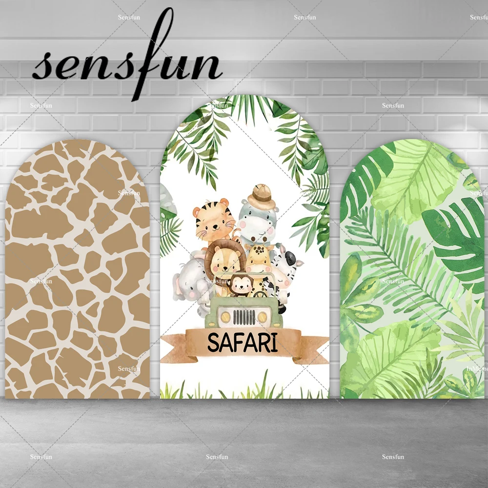 Safari Jungle Theme Arch Backdrop Cover for Boys Birthday Party Giraffe Print Green Leaves Chiara Wall Background Arched Banner