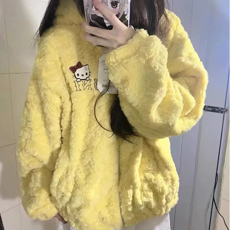 Cute Hello Kittys Padded Jacket Women Winter Velvet Thicken Lamb Fur Coat Girl Loose Zipper Jacket Warm Versatile Women Clothing