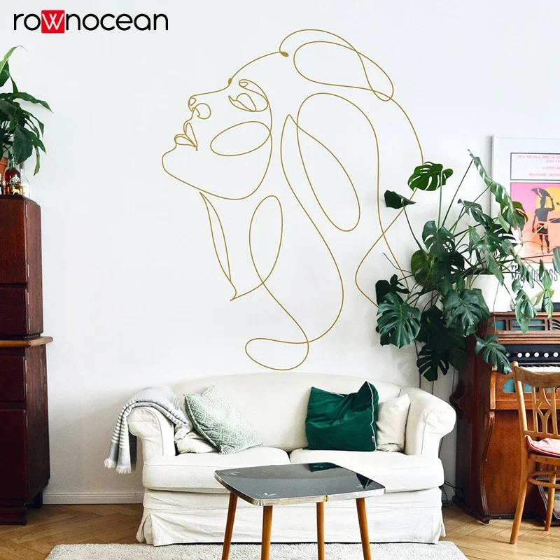 Modern Floral Head Wall Decal, Stylish Botanical Line Drawing, Home Decor Accent beauty salon decoration  E948