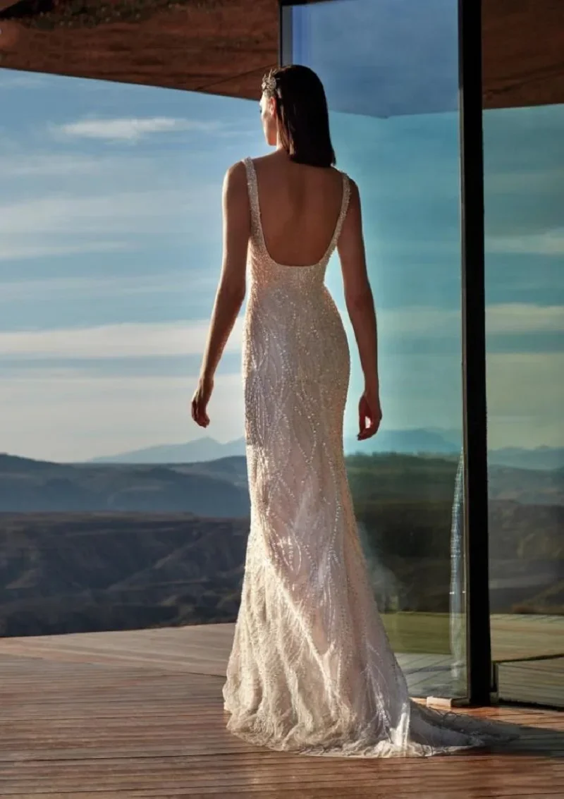 Personalizado brilho encantador vestidos de casamento sereia decote quadrado sem mangas longo aberto volta plus size vestidos de novias