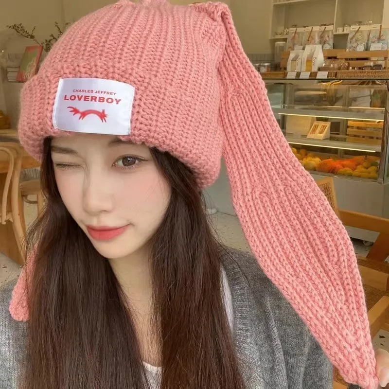 new Winter Skullies Cute Women Long ears rabbit Hat Crochet Knitted Costume Beanie Hats Women Color matching Gift Hip-hop Cap