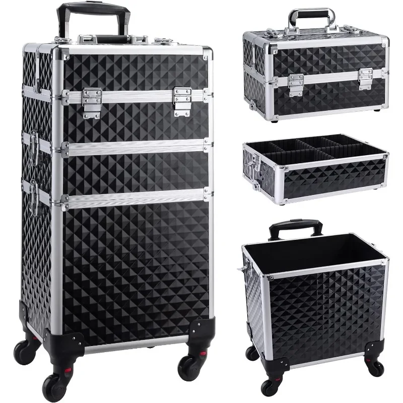 

FRENESSA 3 in 1 Rolling Makeup Train Case Professional Cosmetic Trolley Large Storage with Keys Swivel Wheels Salon Barber Case