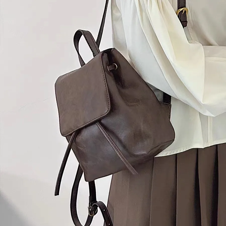 NEW Small Drawstring Flap Backpack Women PU Leather Textured School Backpack Fashion Travel Commuter Bag Girl Bakpacks