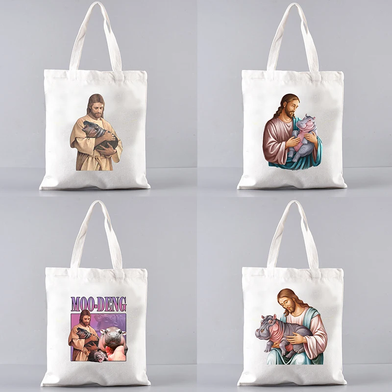 Jesus אהבה mo deng דפוס בד tote מתנות christian הטוב ביותר עבור moo deng מאהב היפו חמוד הדפסה תיק קניות תיק יד מגמה