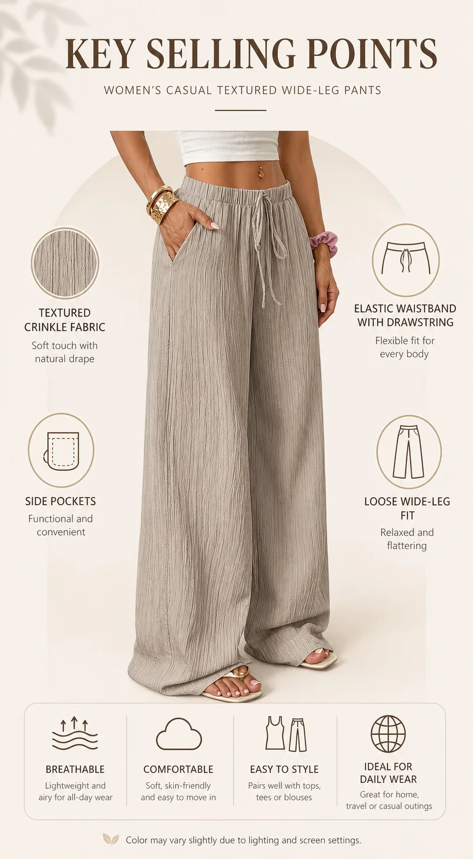 Women's Elegant Multi-Functional Stretch Waist Comfortable Casual Pants, Slightly Stretchy Simple Solid Textured Fabric High-Waist Wide-Leg Pants with Drawstring Waist and Slanted Pockets