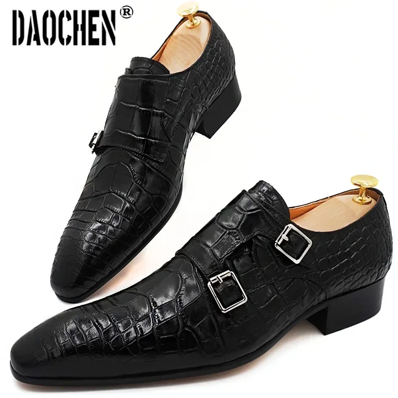 

Luxury Men Shoes Black Brown Buckle Strap Loafers Genuine Leather Mens Dress Wedding Office Business Monk Shoes For Men