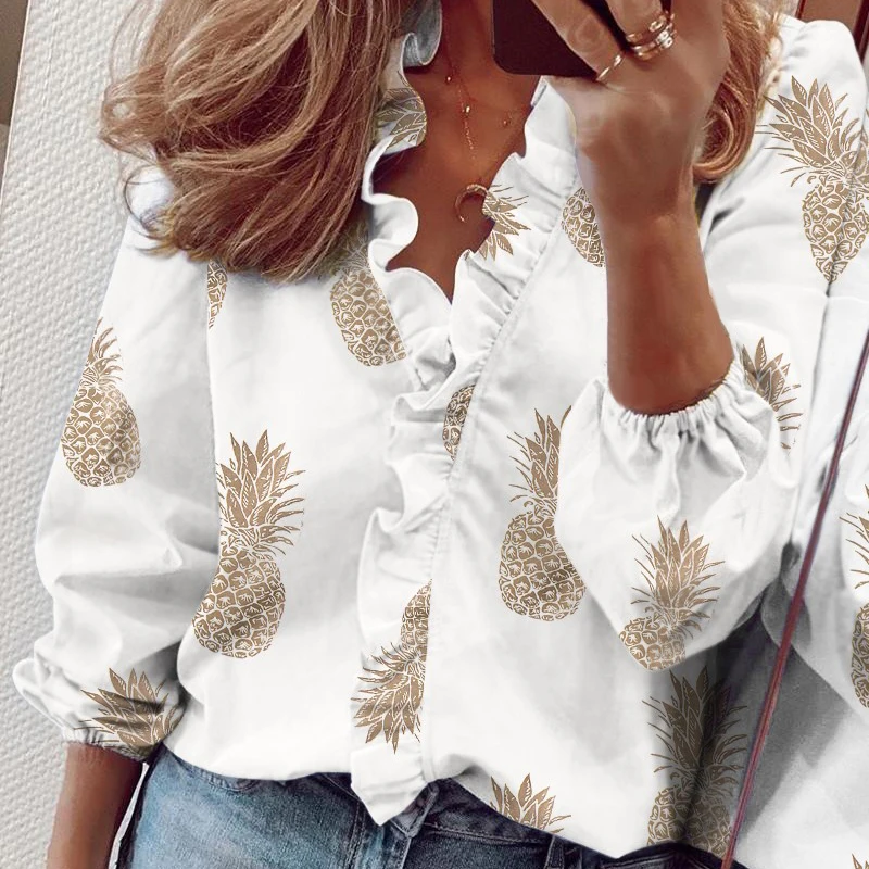 Spring Casual Ruffles Shirt Office Lady Blouses V Neck Blouse White Long Sleeve Women Top Elegant Blouses for Women 2024