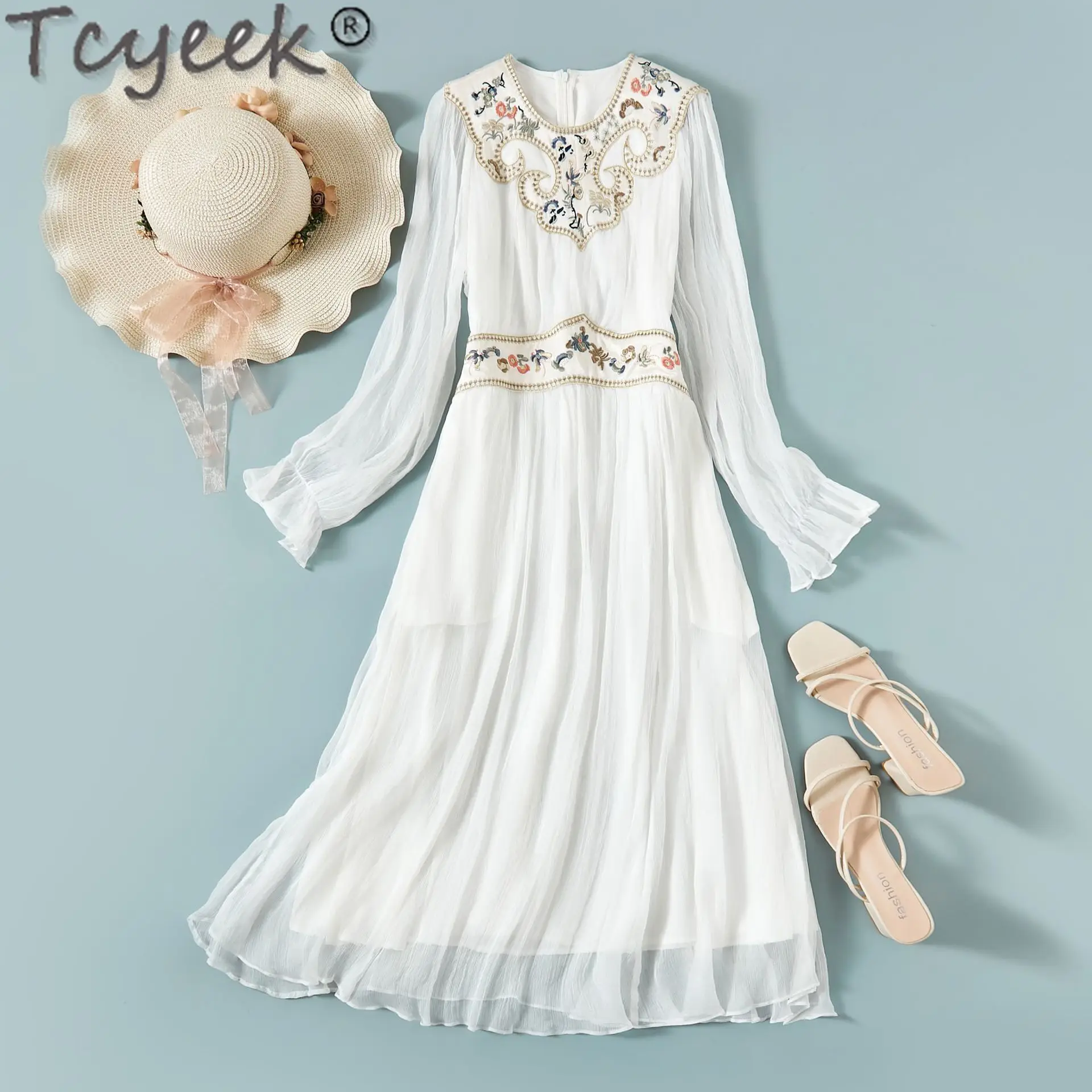 

Tcyeek Real Silk Long Dresses for Women 2025 Long Sleeve Beach Dress Elegant Women's Dresses Summer Clothes Vestidos De Mujer