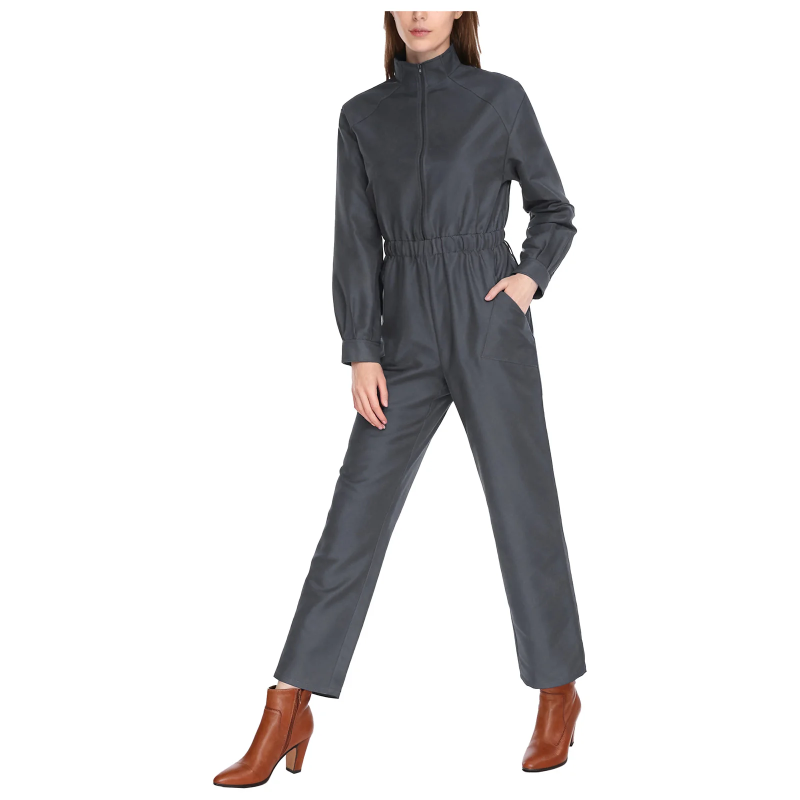 

Women One Piece Coveralls Workwear Stand Collar Long Sleeve Big Patch Pockets Wide Leg Pants Daily Casual Work Officer Rompers