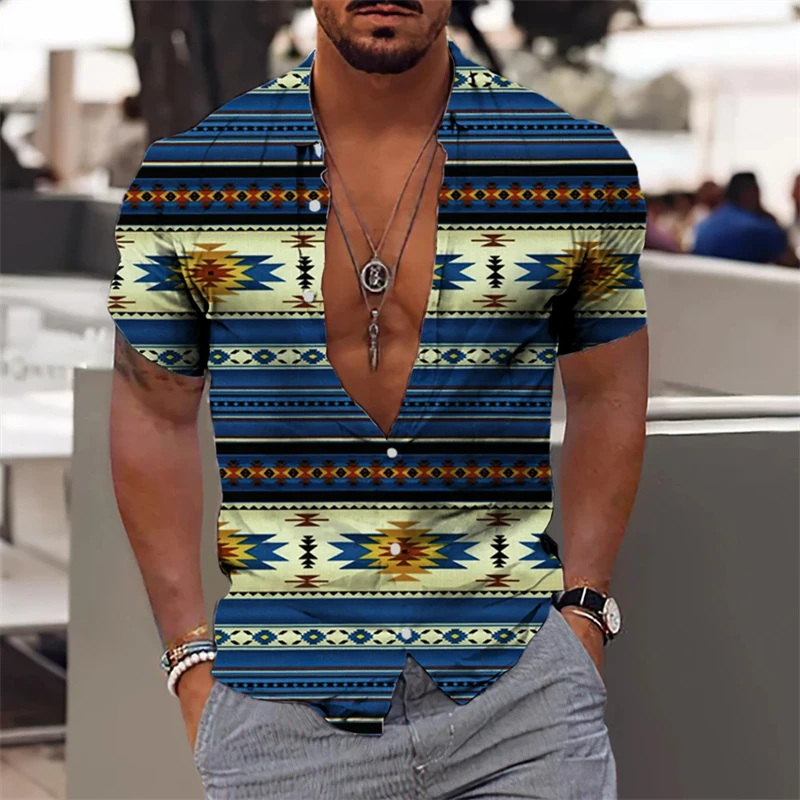 Ethnic Print Shirt For Men Summer Lapel Shirts 2024 Plaid Graphic Short-sleeved Male Tops Oversized Street Hip-Hop Tees Clothing