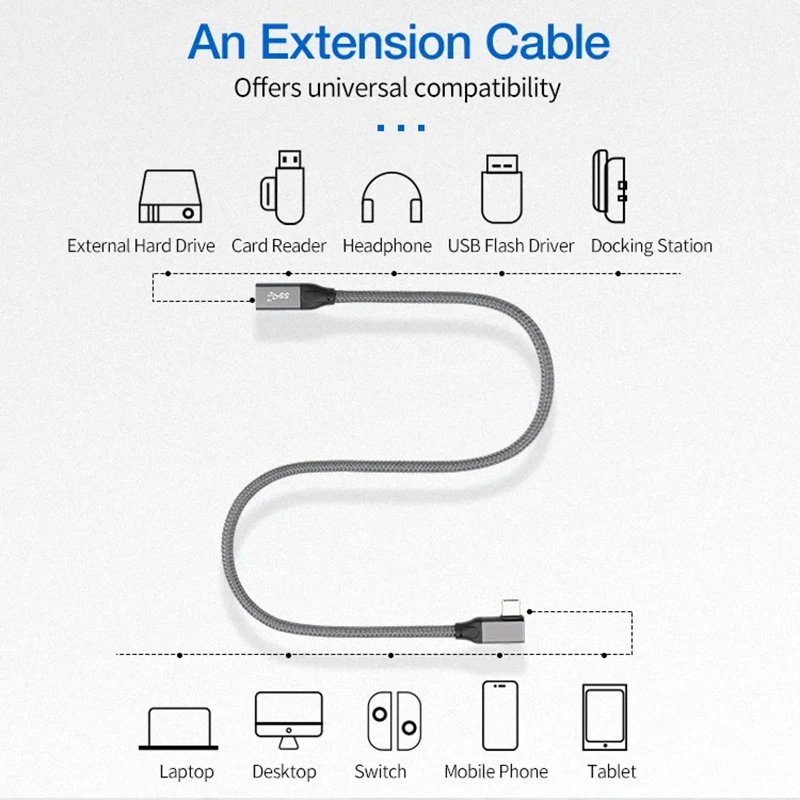 90 Degree Right Angle USB C Male to Female Extender Type-C 20Gbps Data Cable 4K@60Hz Display PD100W Braid Cord for Laptop Phone