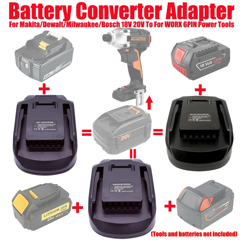 Battery Adapter for Makita/Dewalt/Milwaukee/Bosch 18V 20V Li-ion Batteries Converting To for WORX 6PIN Li-ion Battery Power Tool