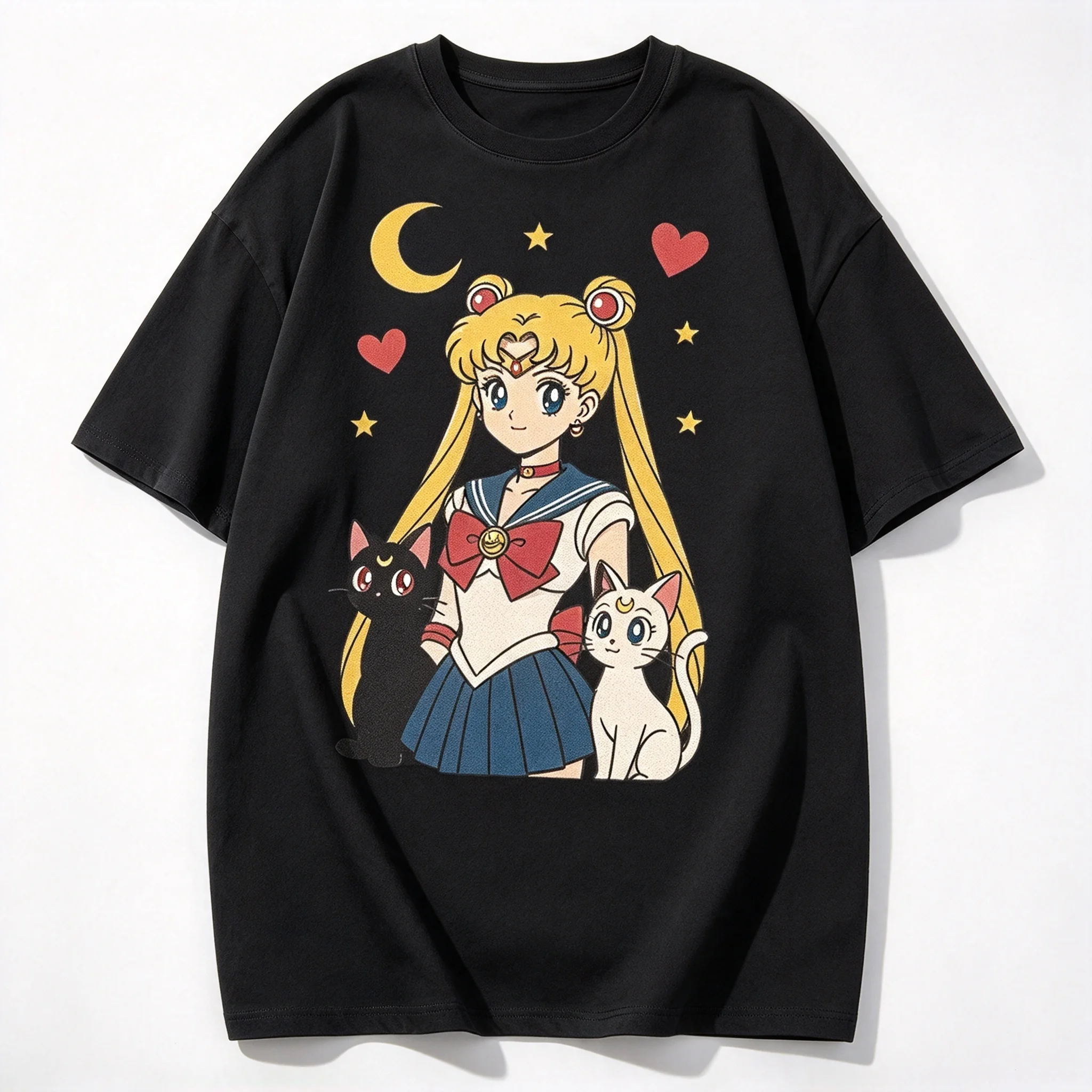 2026 Adults Kids Japanese Anime Girl Graphic T Shirt, Cute Moon Cat Character Inspired Print Short Sleeve Oversized Tee Tops