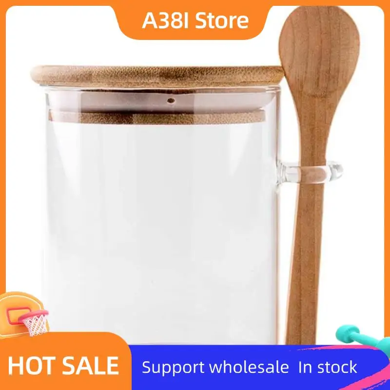 

A38I Transparent Glass Candy Jar With Sealed Bamboo Lid And Spoon - Biscuit Storage Container For Bulk Food