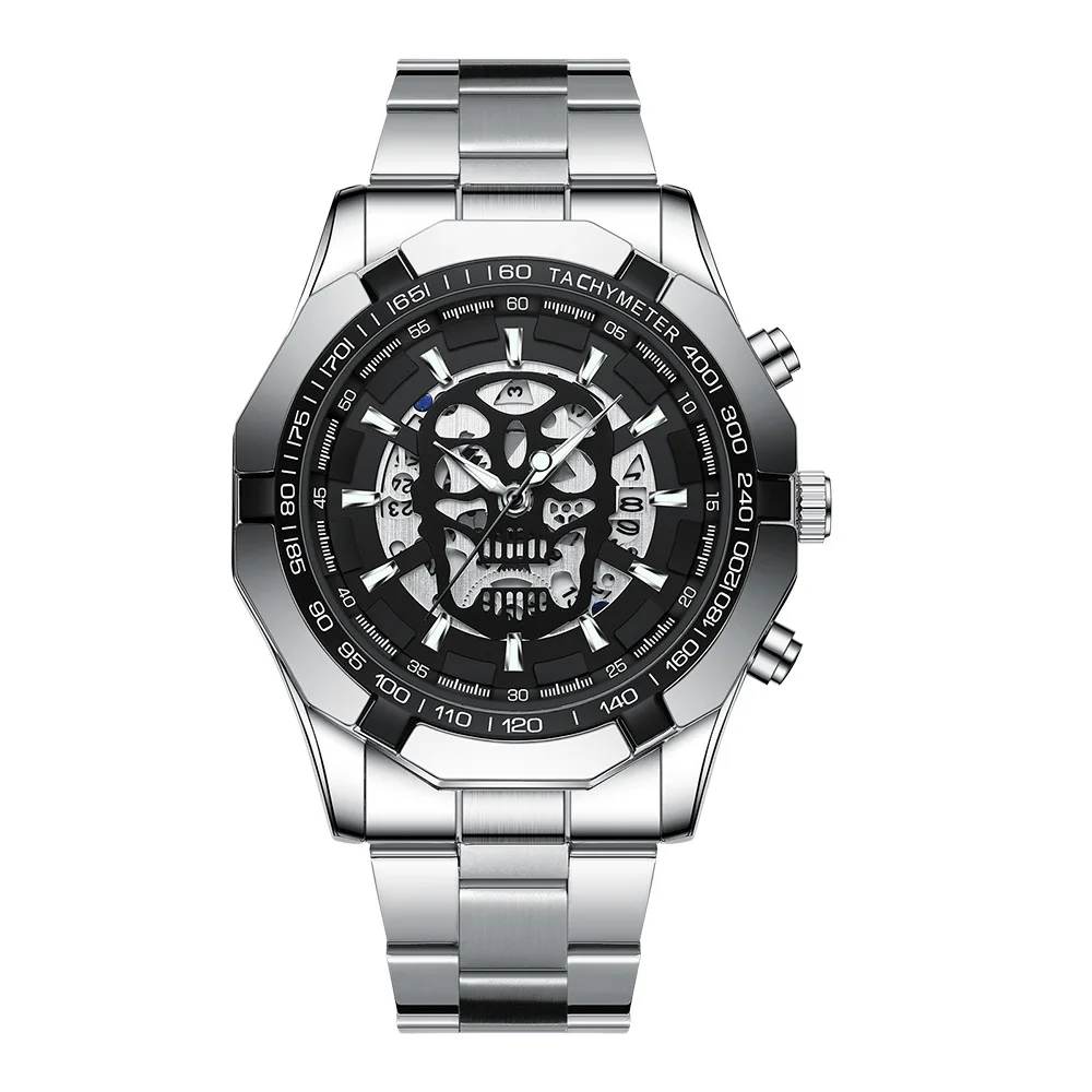 UTHAI Men Watch Brand Sports Trend Original Luminous Skull Hollow Steel Strip Waterproof Male Fashion Quartz Clock Wristwatch