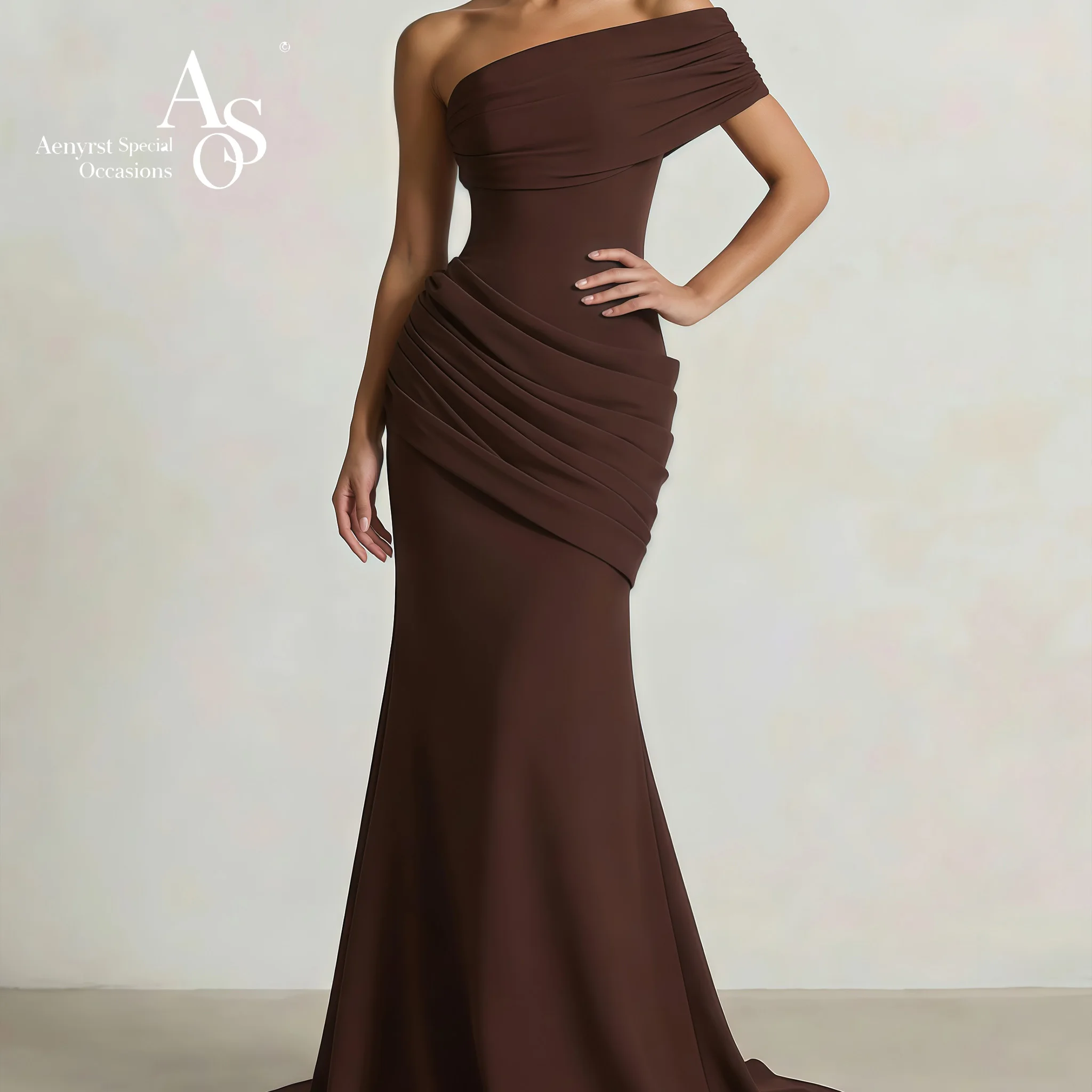 Brown strapless open-back floor-length mermaid gown with draped detailing suitable for formal occasions and balls