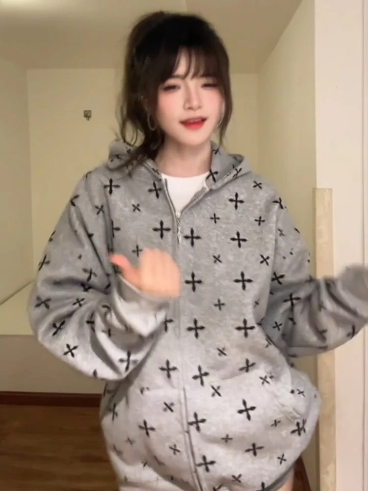 Gothic Cross Print Hoodie Cardigan Women's Spring Autumn 2025 New Couple's Sle American Gothic Trendy Coat Loose Fit Long S...