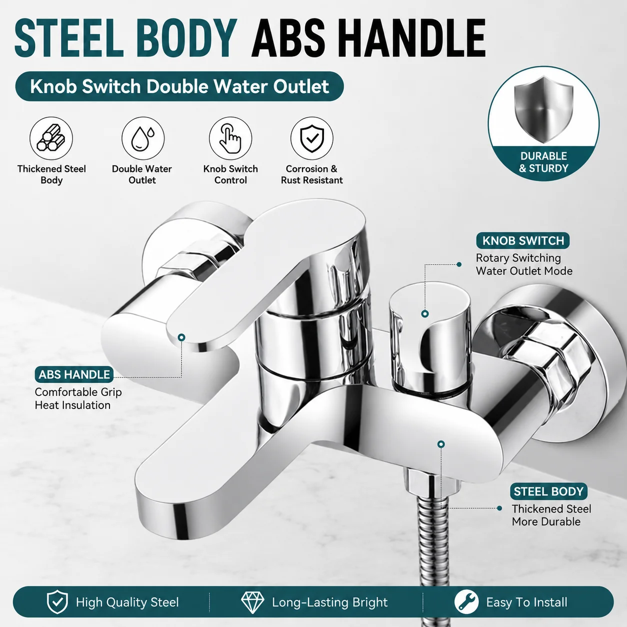 Wall Mounted Bathtub Shower Faucet, Hot Cold Water Mixer Tap with Dual Outlet Diverter, Steel Body, ABS Handle for Bathroom