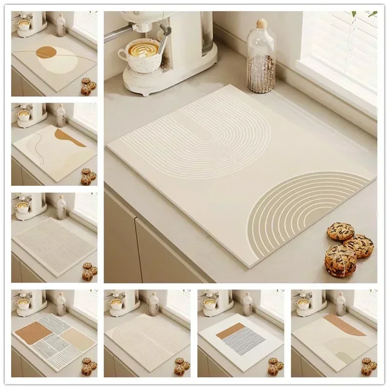 Striped Pattern Kitchen Rug Super Absorbent Floral Coffee Machine Drain Pad Home Decor Plaid Dish Drying Mat Non Slip Door Mats