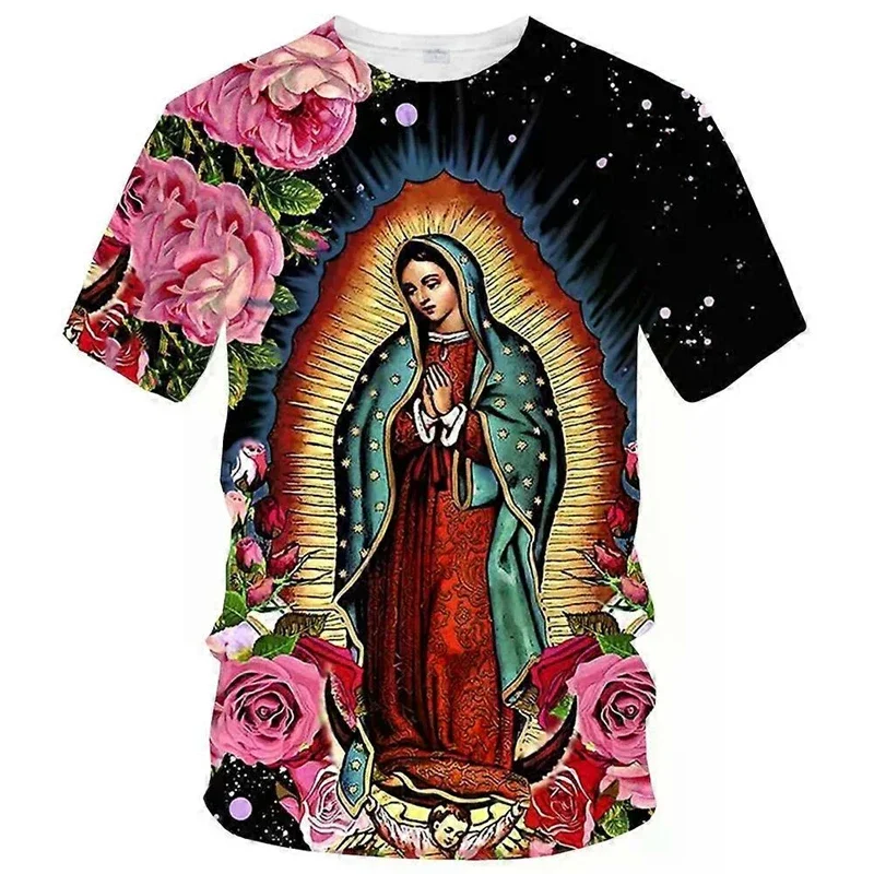 

Men's Summer Fashion Guadalupe Virgin Mary 3D Printed T-shirt Round Neck Short Sleeve T-shirt Children's Classic Y2k Clothing