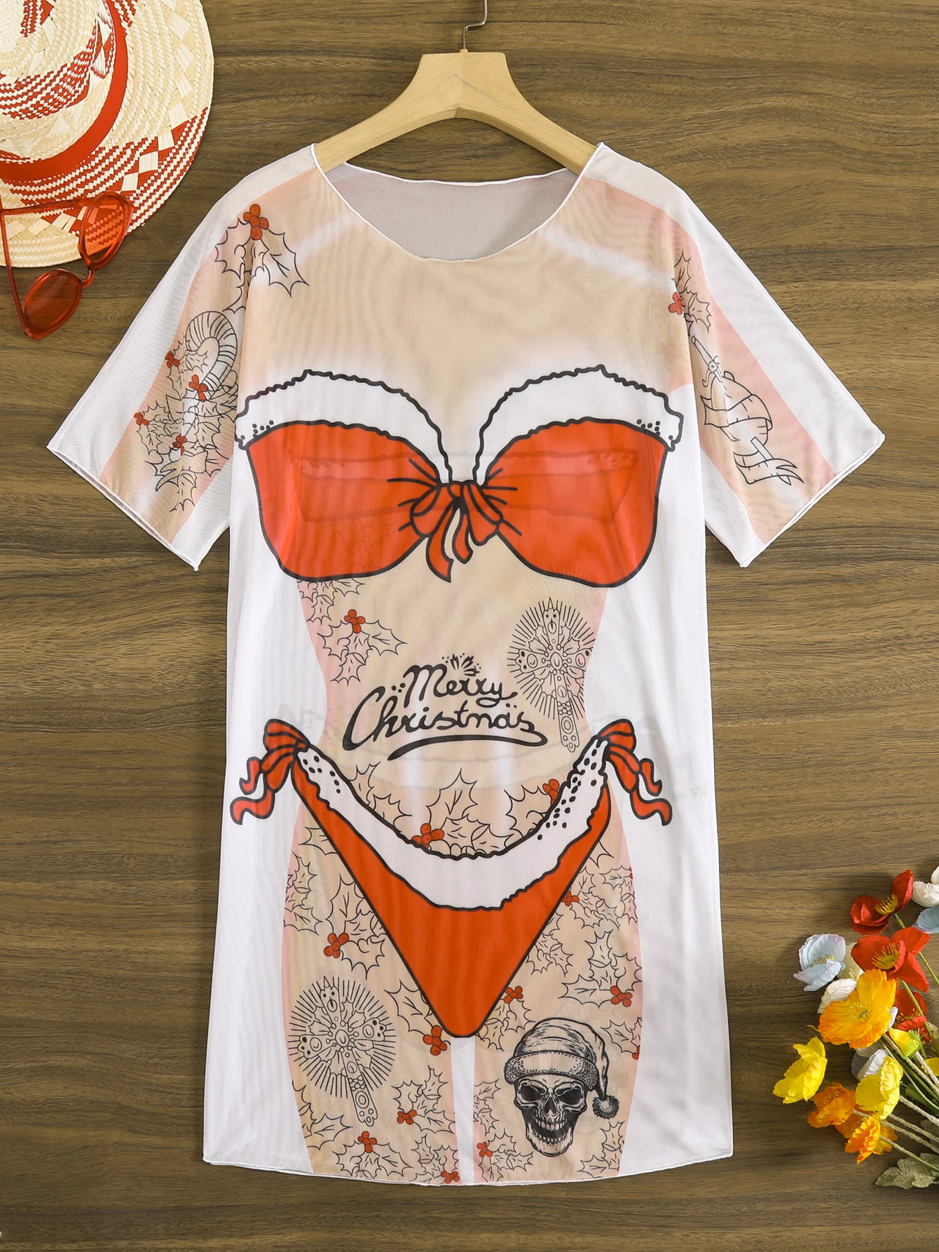 

Пляжная накидка-бикини для женщин на Рождественскую вечеринку, накидка для купальника для термальных источников, пляжная одежда, сетчатая накидка с принтом и коротким рукавом