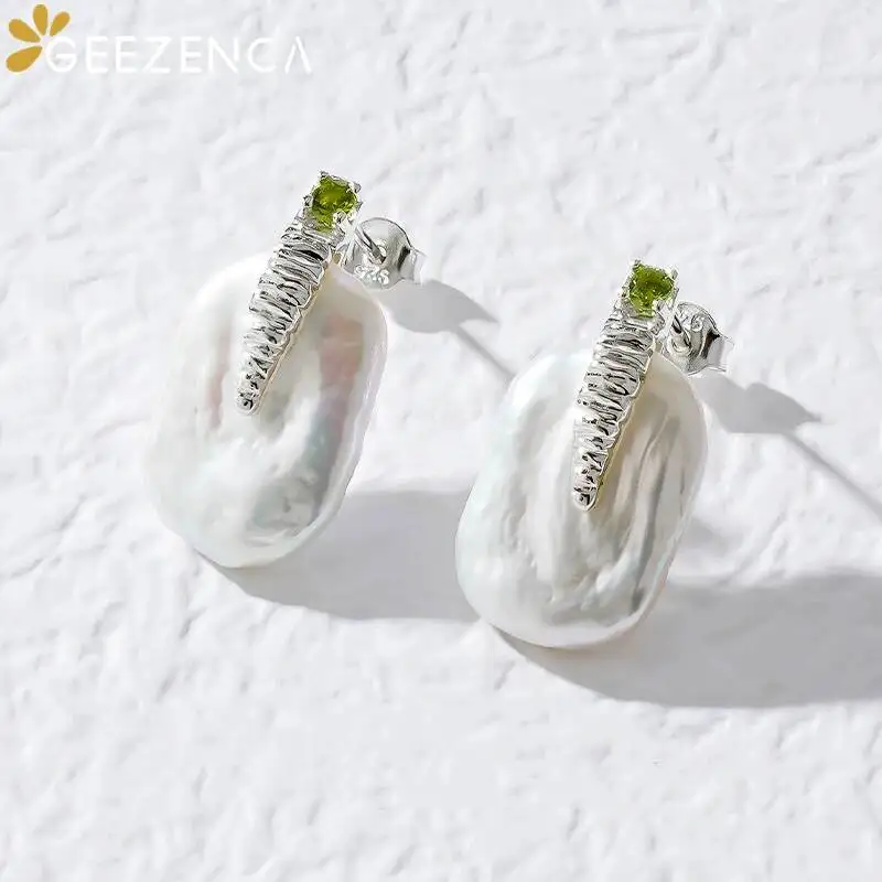 GEEZENCA Natural Baroque Pearl Tourmaline 925 Sterling  Silver Earrings For Women French Chic Luxury Small Earring 2023 New Gift