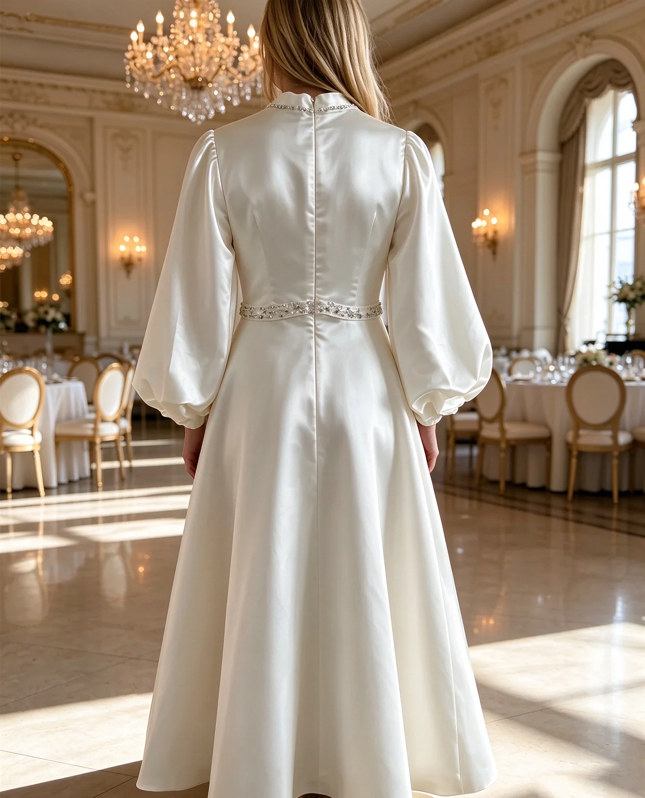 Green Satin Women's Party Gown Full Sleeves Floor Lenght Elegant Evening Dress Wedding Banquet Bridesmaid Dress Customized