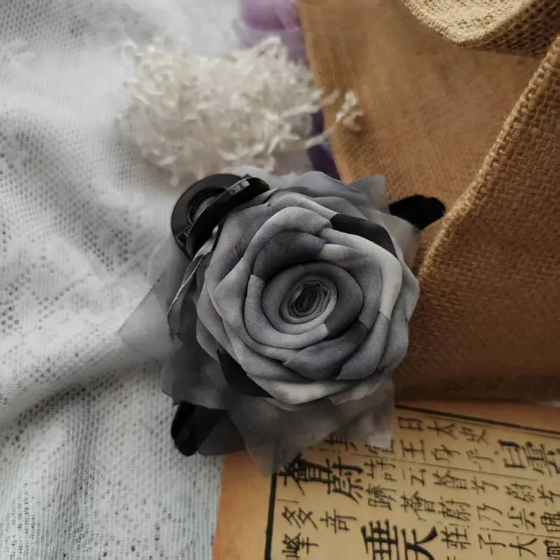 Handmade Dark Gray Flower Hair Claw Vintage Singed Rose Chinese Clip for Evening Parties and Creative Layering