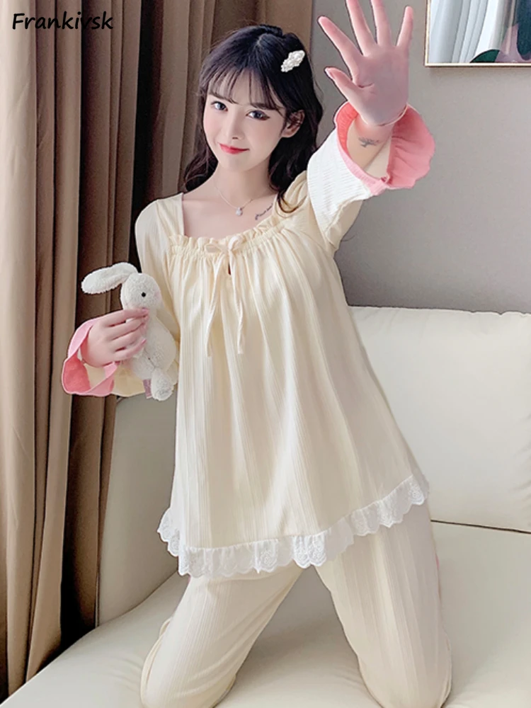 Pajama Sets Women Simple Baggy Lace-design Spring Korean Style Casual Comfortable Long Sleeve Popular Sweet Aesthetic Homewear