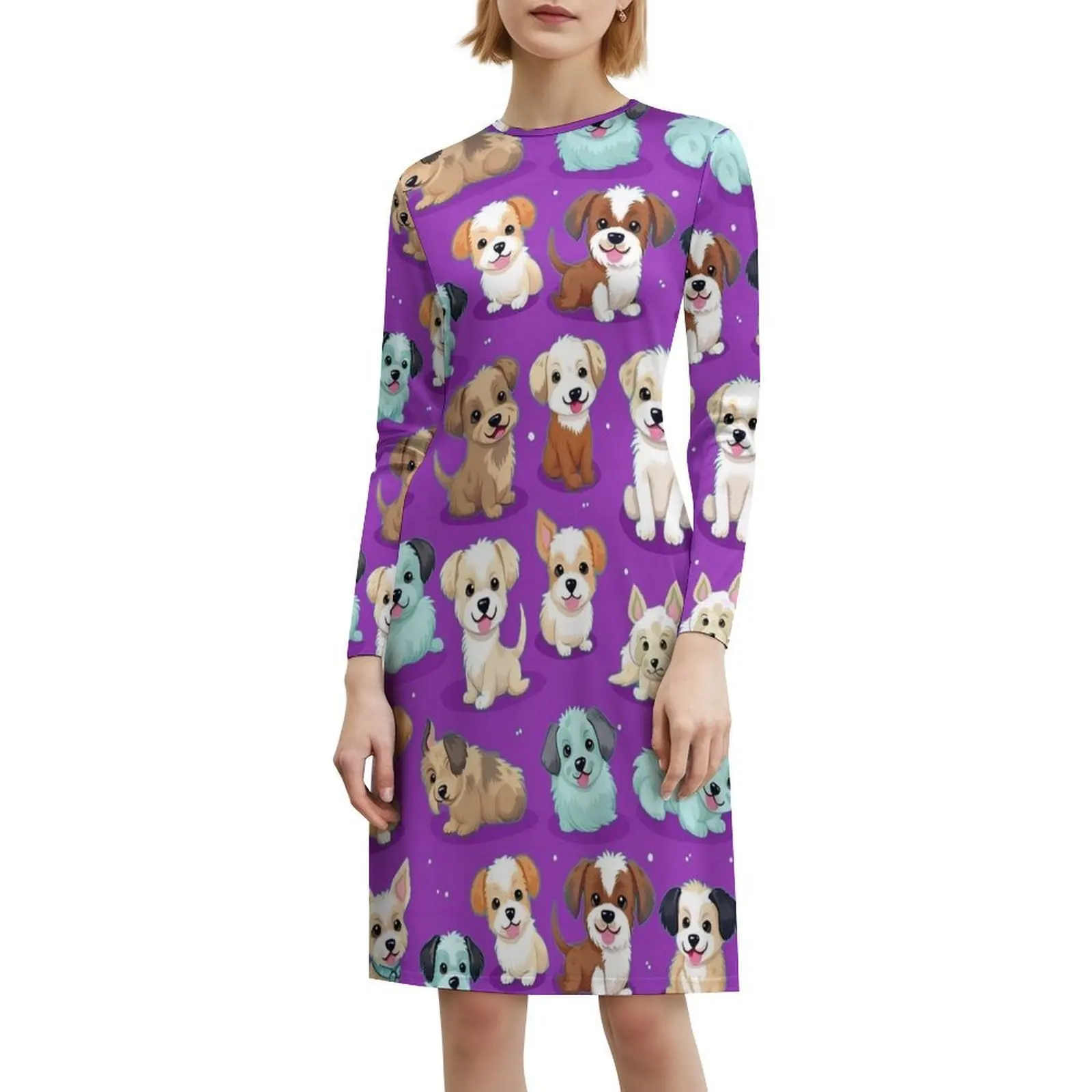 الجراء اللطيفة (الخلفية الأرجوانية) فستان الهيب هوب النسائي ملابس الشارع الشهير جرافيك طباعة ملابس الحفلات والنوادي الجراء الكلاب نمط لطيف