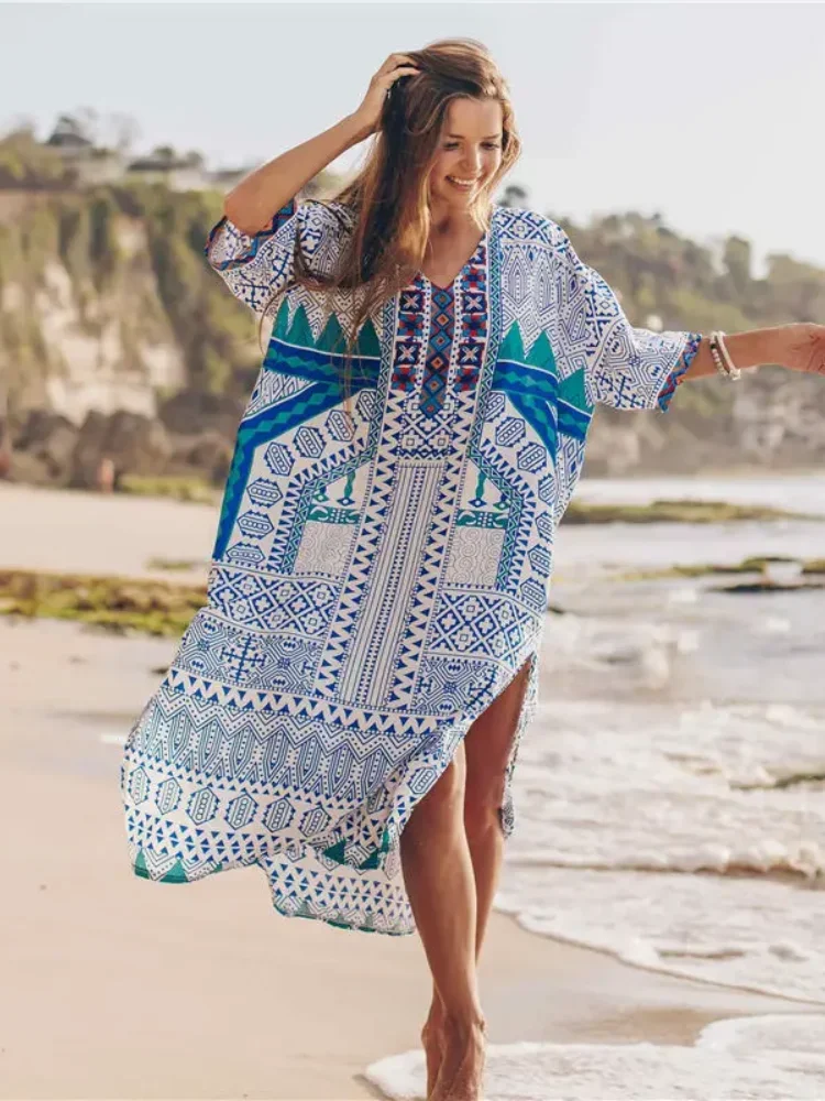 Caftán estampado con cuello en V Para mujer, bata de playa de gran tamaño, Vestido de playa, azul, # Q652