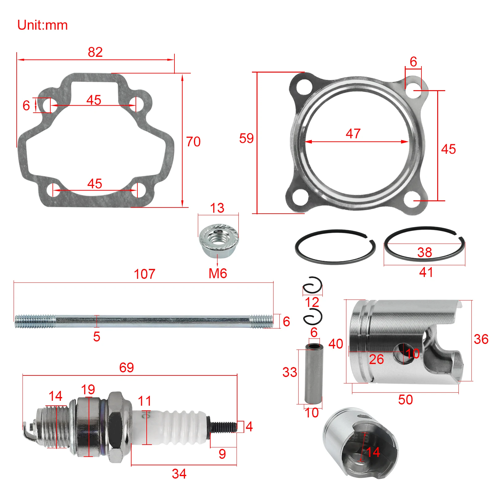 40mm Cylinder Piston Rings Gasket Repair Engine Rebuild Kit for Yamaha PW50 PW 50 QT 50 QT50 50cc Children Kids Bike Motorcycle