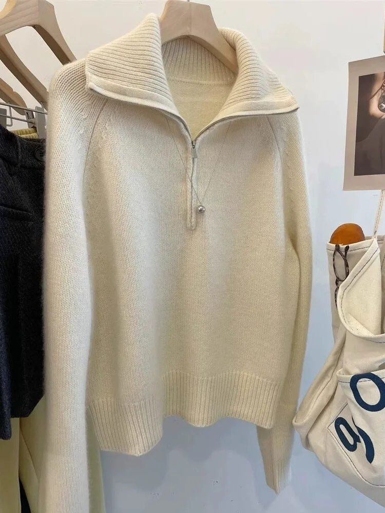 

Осенне-зимний свитер из чистого кашемира, женский полуоткрытый свитер на молнии с лацканами, нижняя рубашка, модное свободное вязание.