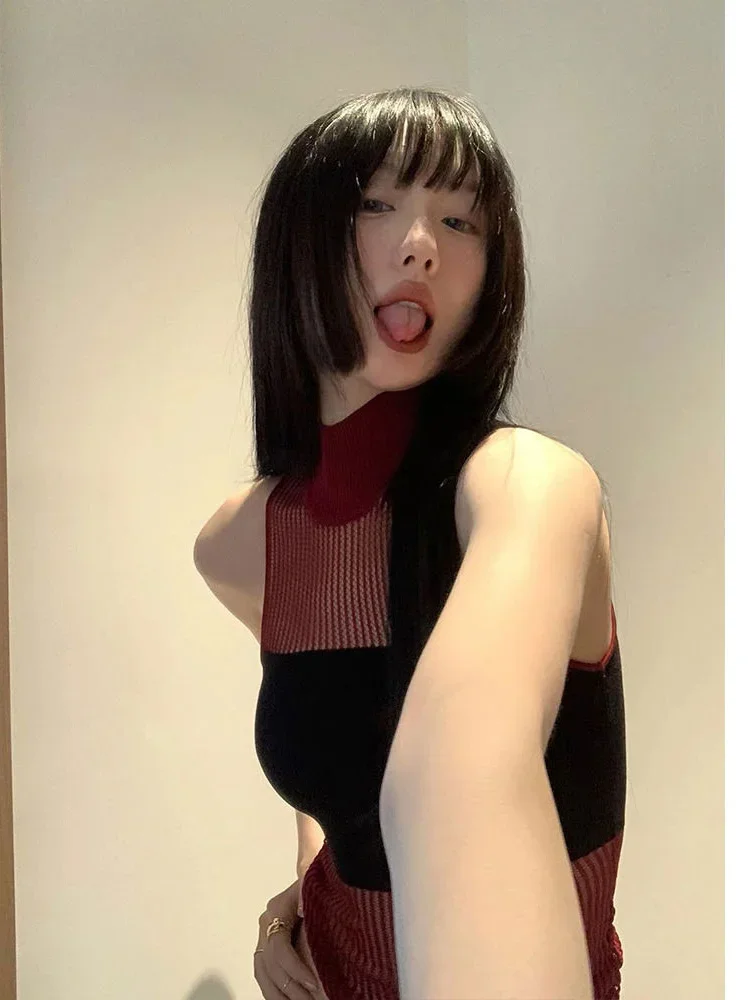 

Summer Y2k Aesthetics Knitted T-shirt Women Korean Fashion Turtleneck Tees Contrast Tank Tops Sleeveless Thin Sexy Crop Top