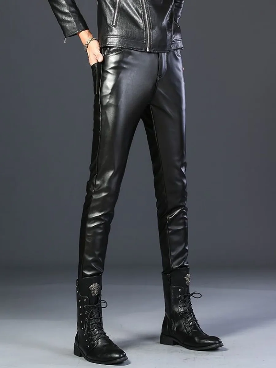 

Teenage Student Korean Sle Casual Leather Pants Men's Motorcycle Warm Slimming Pants Trendy White Casual Pants