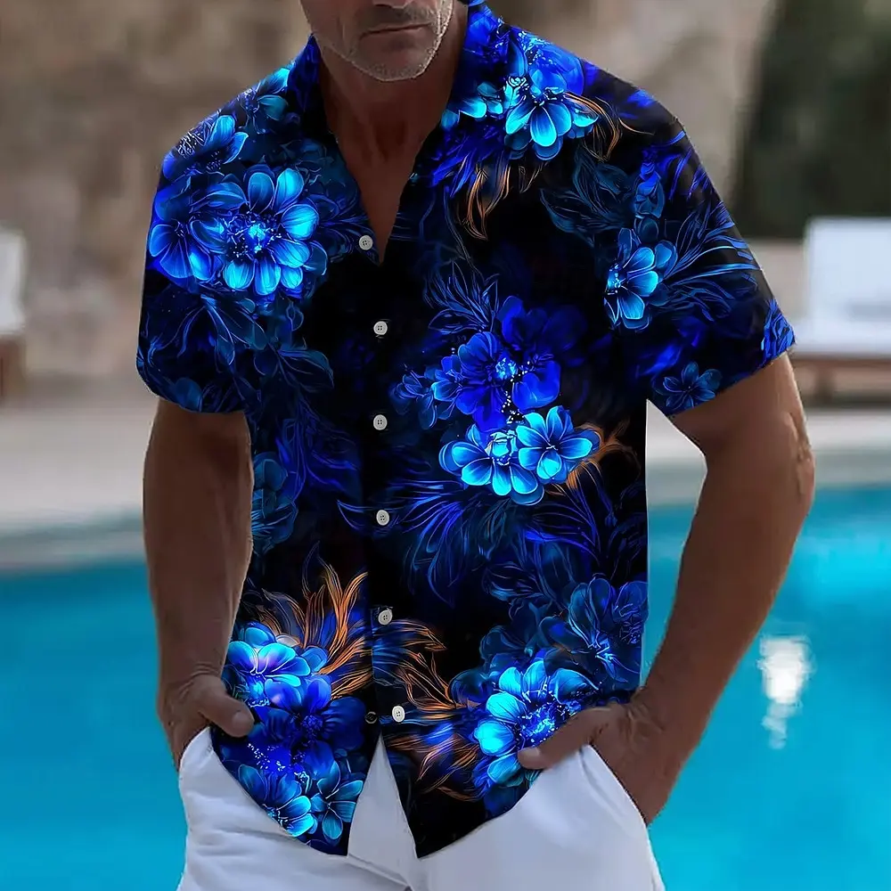 Men's Floral Print Neon Glow Flowers Summer Hawaiian Shirt Button Up Shirt Aloha Shirt Short Sleeve Hawaiian Vacation Beach Wear
