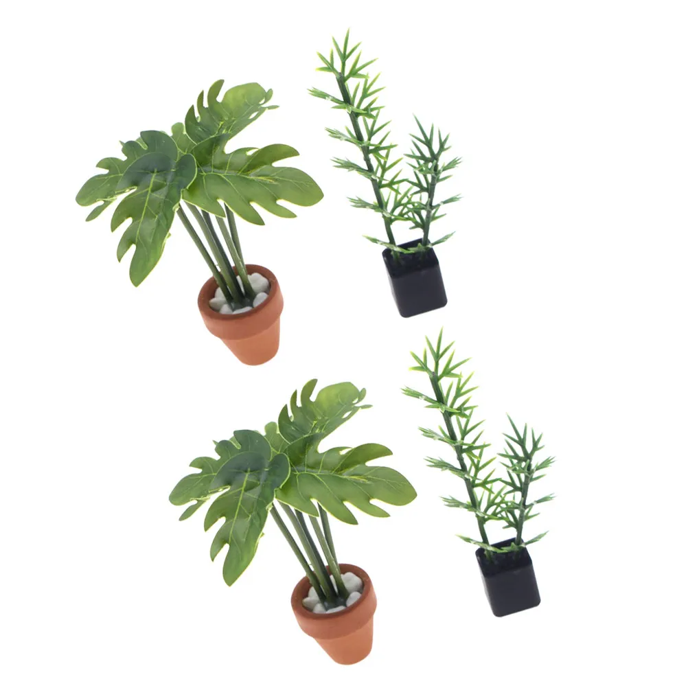 4Pcs Miniature Greenery Plants Realistic Fake Bonsai Bamboo Monstera Leaf Dollhouse Accessories for Living Room Bedroom DIY