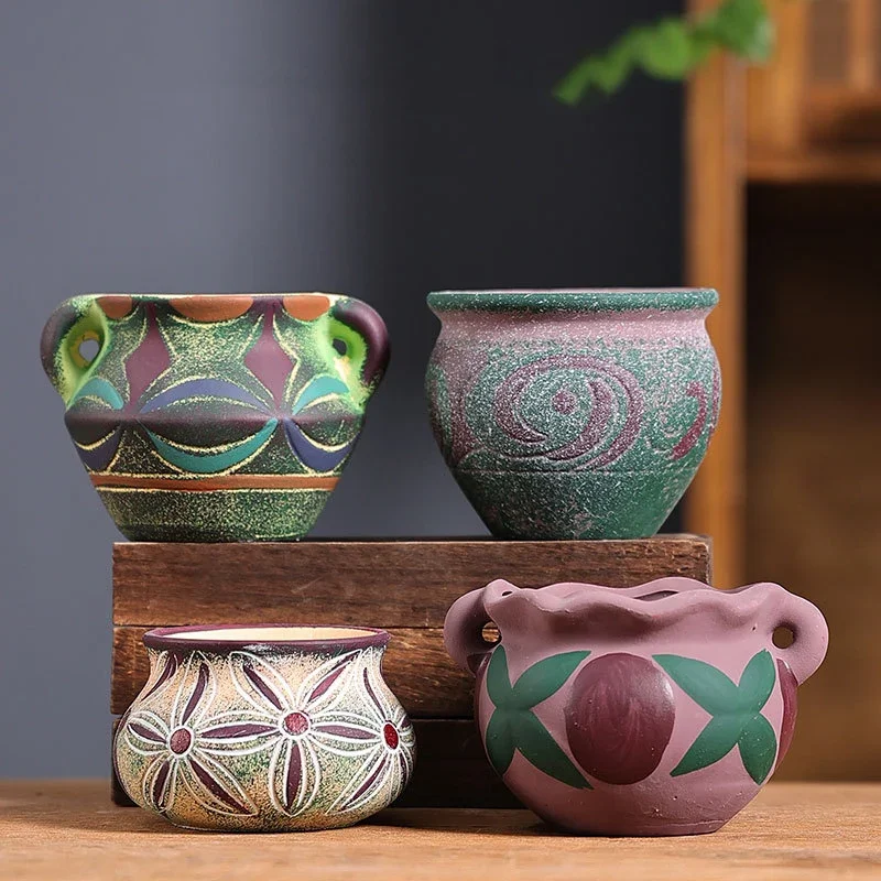 Creative Succulent Flower Pots Coarse Pottery Ceramic Retro Hand Painted Planter Flesh Flower Pots Home Garden Office Decor
