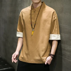 2024 Men Short Sleeve Men T-shirt Loose Cotton Linen Korean Vintage Casual Tops Streetwear T Shirt Male O Neck Tees Big Size 5XL