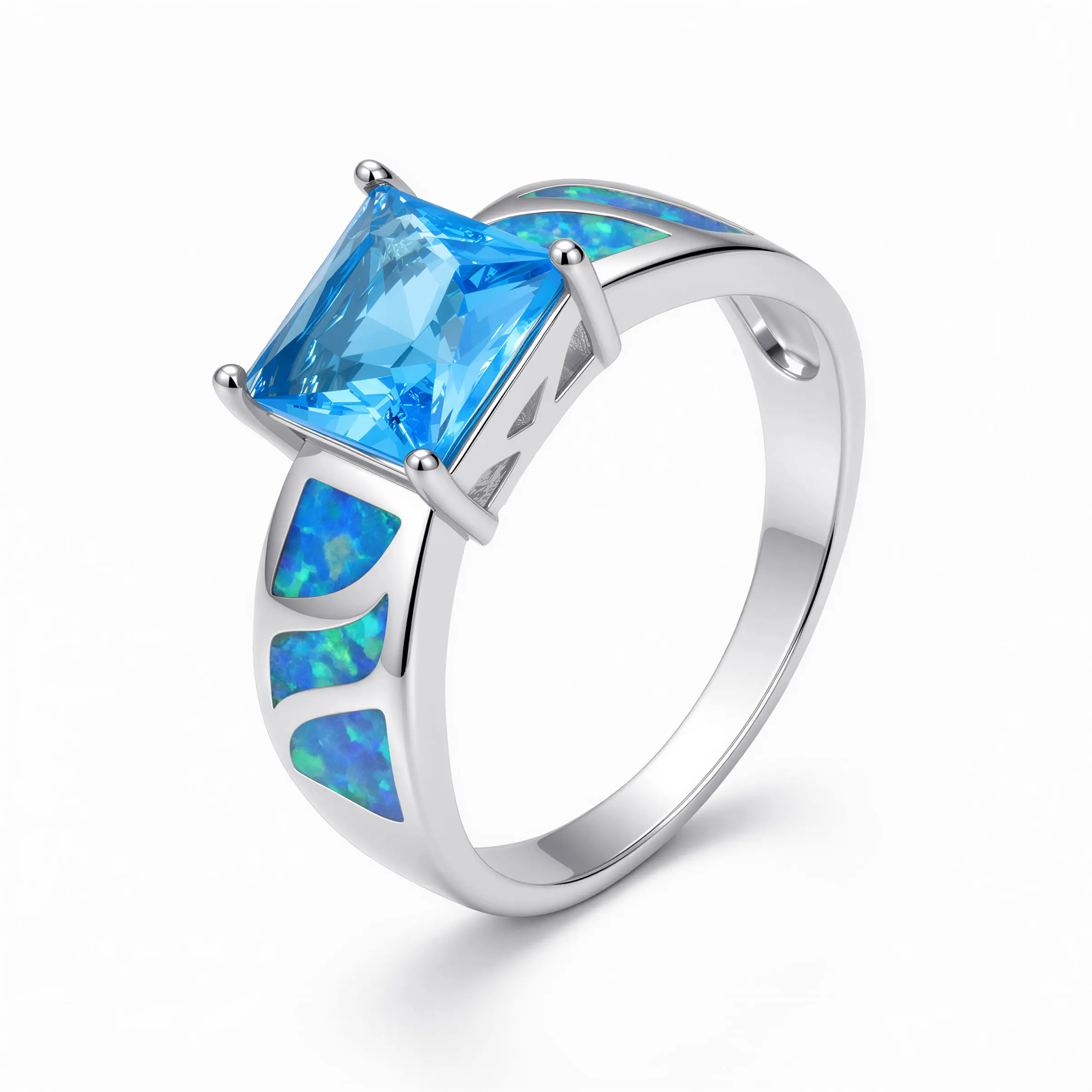 Sleek Geometric Square Cubic Zirconia Ring for Women with Blue Opal Modern Fashion Finger Jewelry for Work Daily Party  Dating