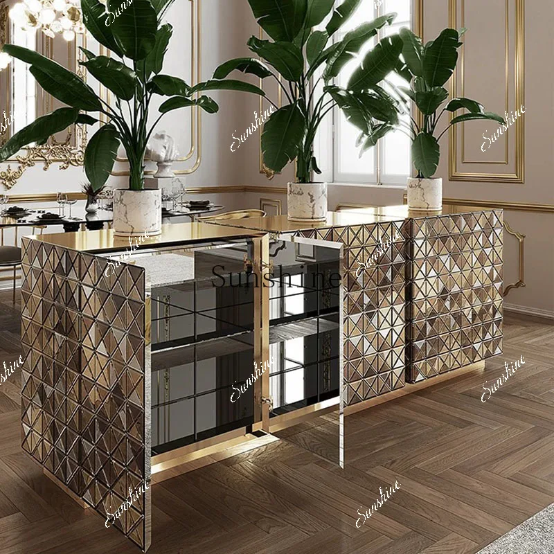 Light luxury solid wood dining side cabinet villa model room living room stainless steel entrance platform FT