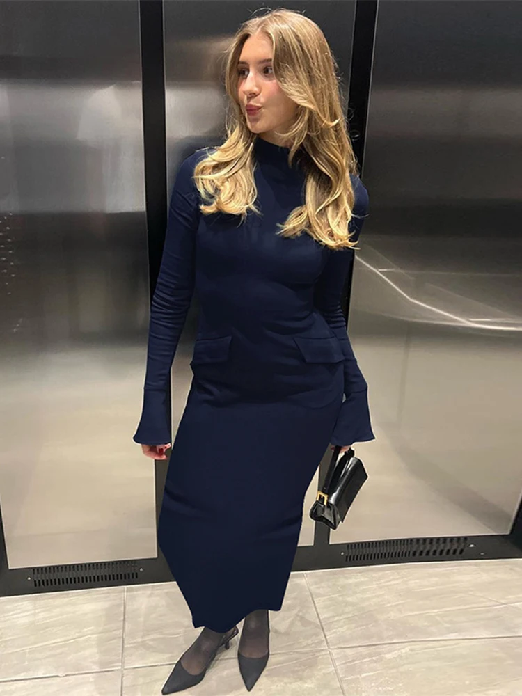 Trendix Slim Elegant Evening Dress Femme Autumn Fashion Pocket Patchwork Long Sleeve Slit Maxi Dresses Women Party Vintage Dress