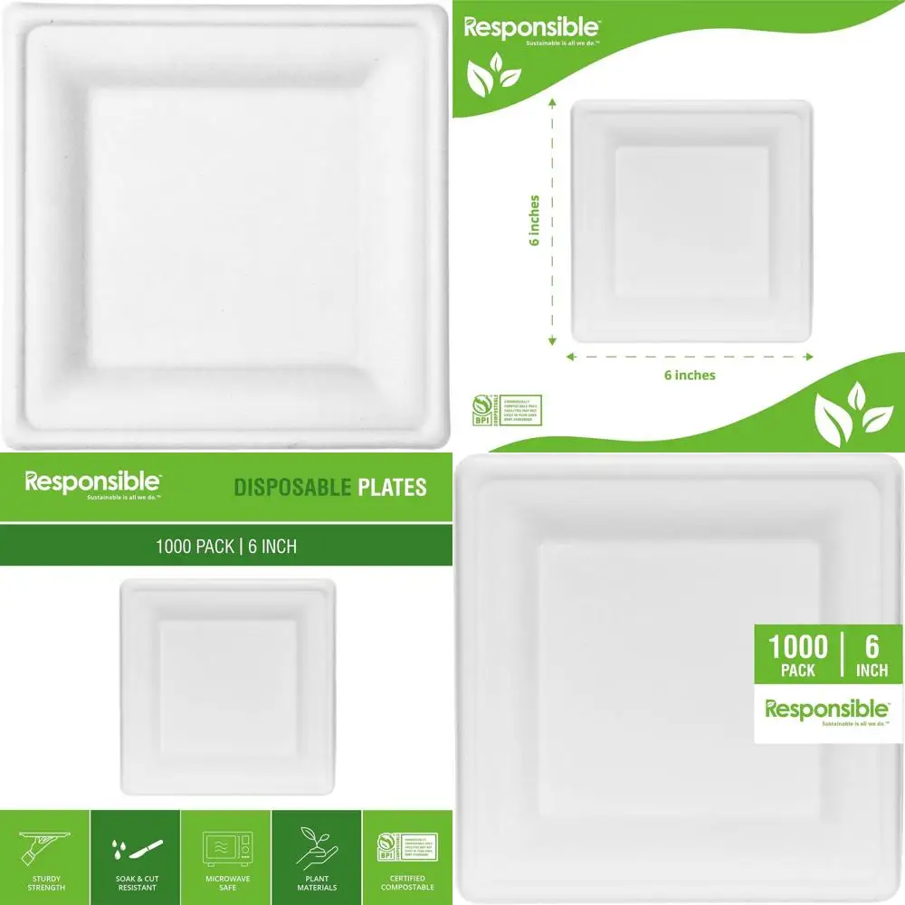 

Экологически чистые 6 квадратных тарелок из сахарной трости и бамбука (1000) — сверхпрочные, биоразлагаемые, одноразовые