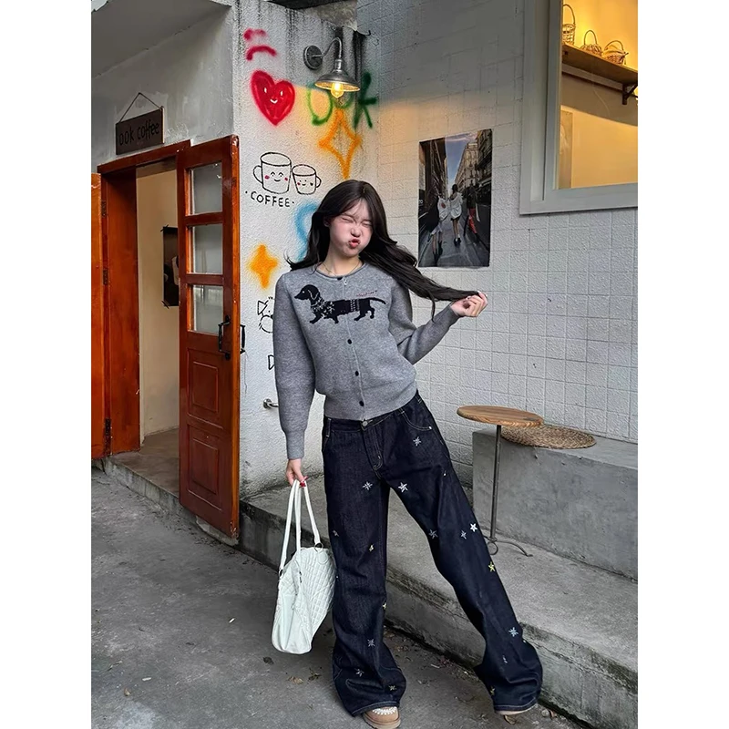 جينز نسائي عتيق أزرق فضفاض واسع الساق 2000s Y2k ملابس الشارع الجرونج ستار التطريز الدينيم السراويل عالية الشارع الرجعية #4