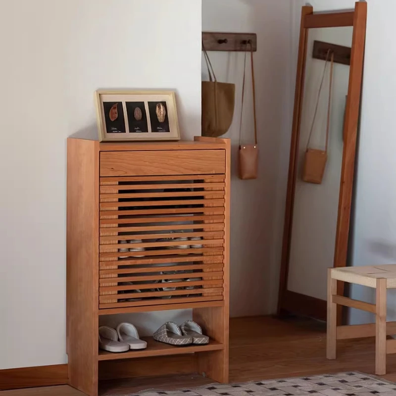 

Grid shoe cabinet, solid wood shoe cabinet, entrance cabinet at home, living room log storage cabinet