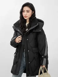 Women's White Duck Down Hooded Puffer Jacket, Diamond Lattice, Female Thickened Warm Winter Clothes, New