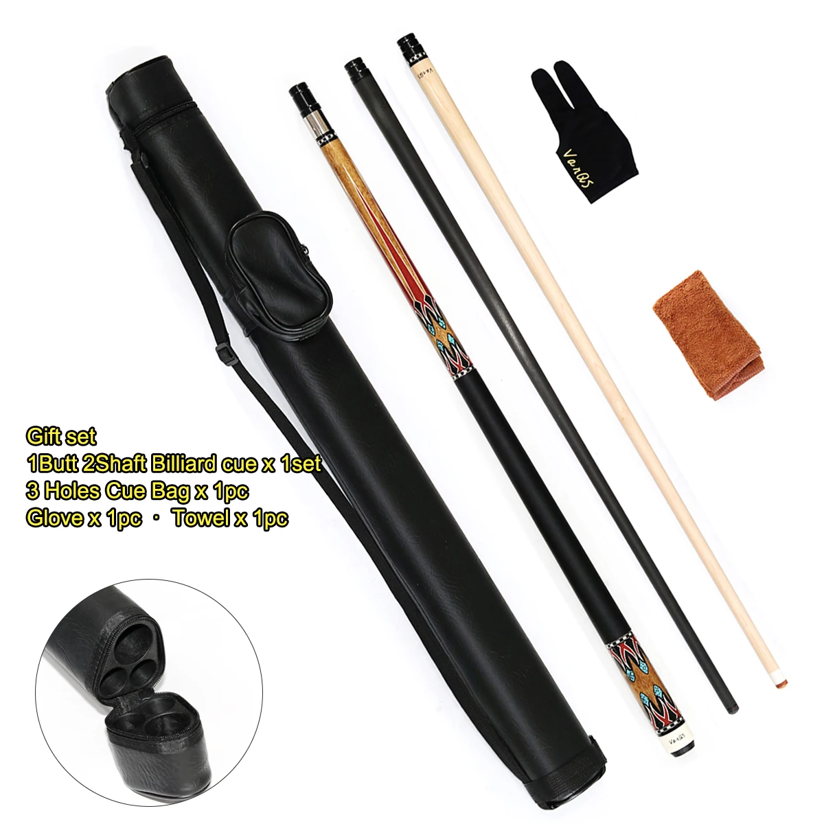 

58'' 1/2-pc Double Fiber Shaft with Real Leather Wrap Uni-loc Joint Pool Cue Set with 3 Holes Cue Bag, Gloves, Cleaning Towel