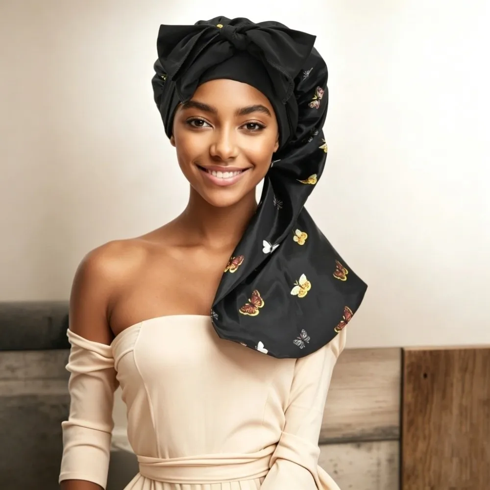Satin Material Silk Hair Bonnet Leopard Print Wide Elastic Band Hair Protector Bonnet Bowknot Design Anti-UV Hair Cover