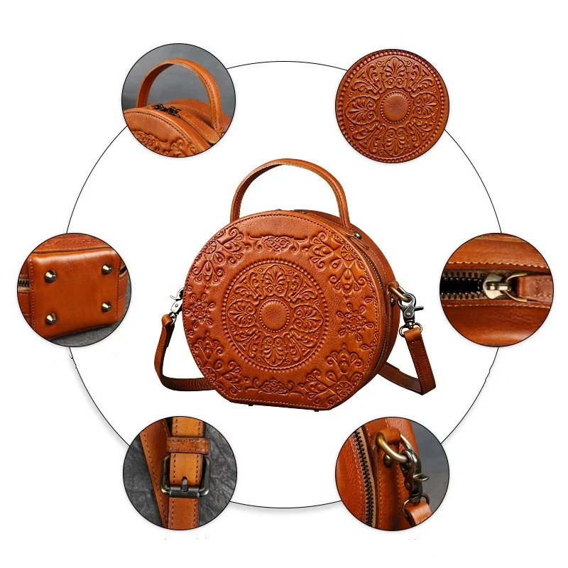 New Retro Circular Women Luxury Handbag Genuine Leather Shoulder Bag Ladies Crossbody Bags For Woman Totem Small Messenger Bag